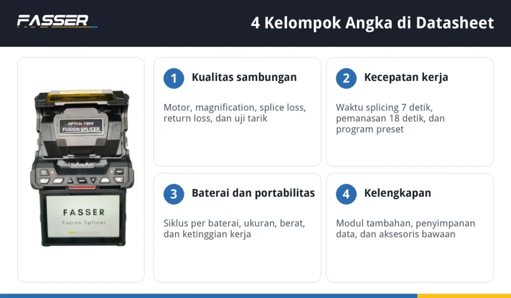 Empat kelompok angka di datasheet fusion splicer: kualitas sambungan, kecepatan kerja, baterai dan portabilitas, serta kelengkapan