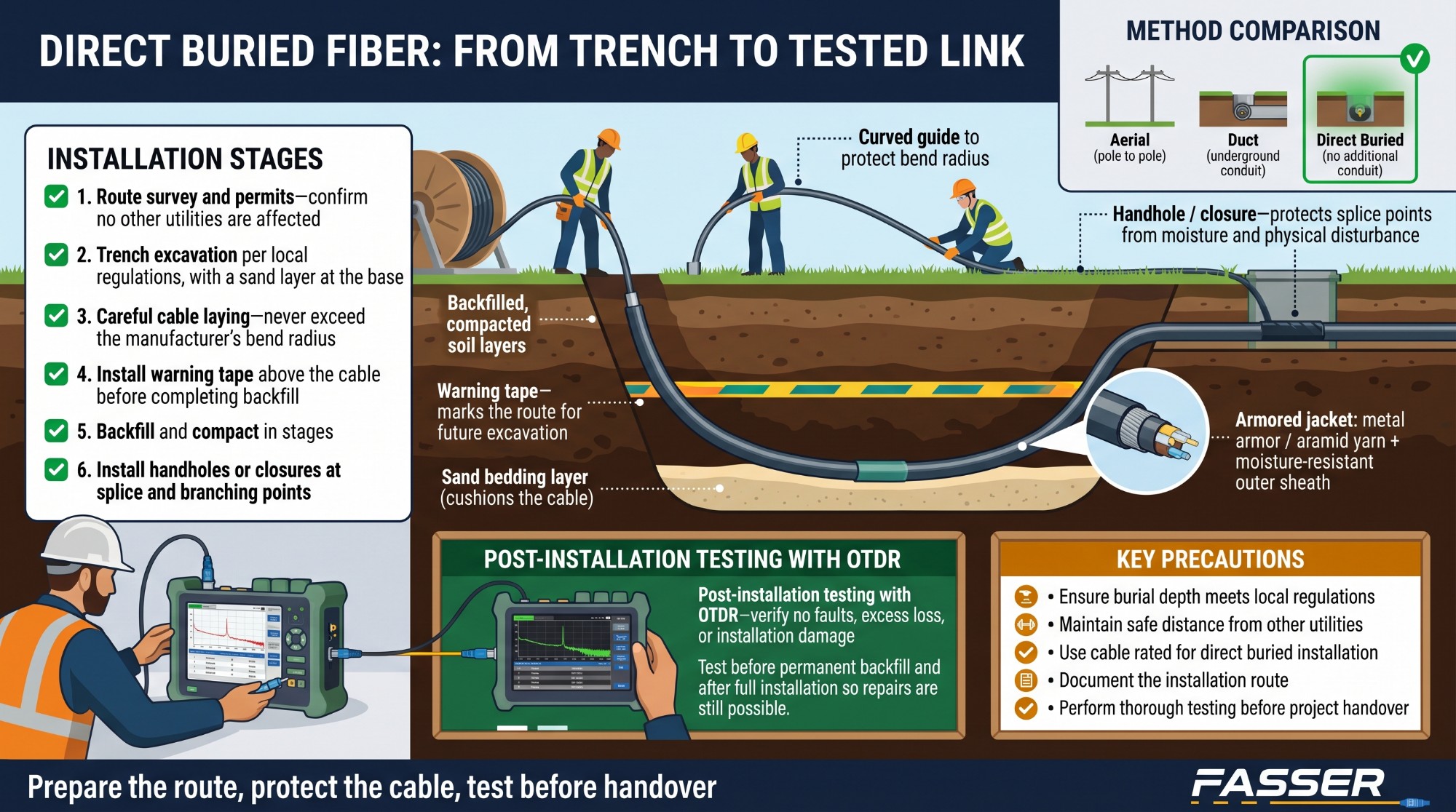 Infografis tahapan instalasi kabel fiber optik direct buried Fasser Networks dari trench hingga pengujian OTDR
