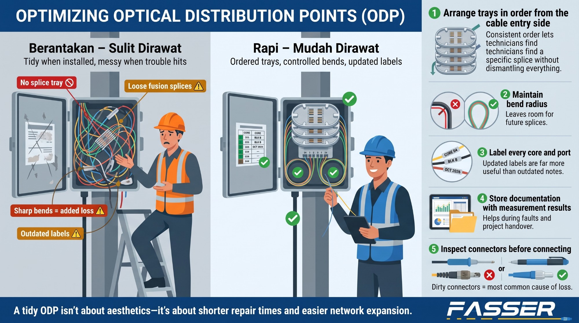 Infografis optimasi ODP: susun splice tray dari sisi masuk kabel, jaga radius lengkung, beri label, simpan dokumentasi, dan periksa konektor