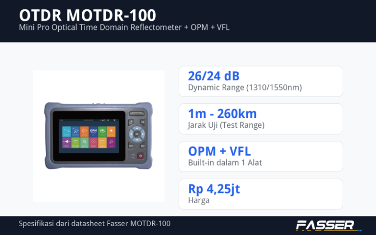 Ilustrasi spesifikasi OTDR MOTDR-100 dengan logo Fasser