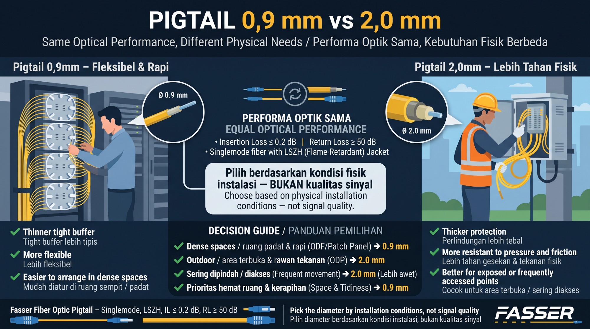 Perbandingan Fasser Pigtail 0,9mm dan 2,0mm: performa optik sama, kebutuhan fisik berbeda
