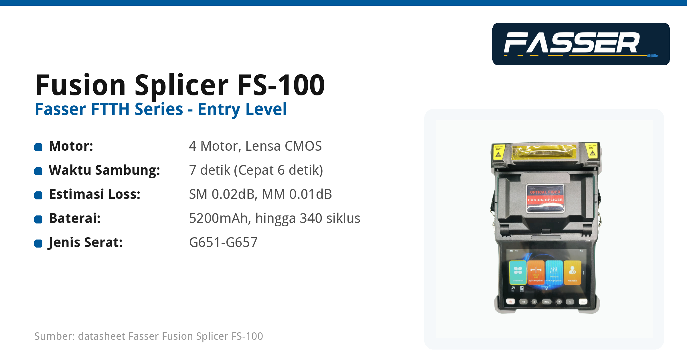 Fusion Splicer FS-100 Fasser Networks, spesifikasi dan fitur utama