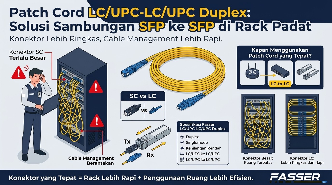 Infografis panduan memilih patch cord LC/UPC-LC/UPC duplex Fasser untuk SFP ke SFP