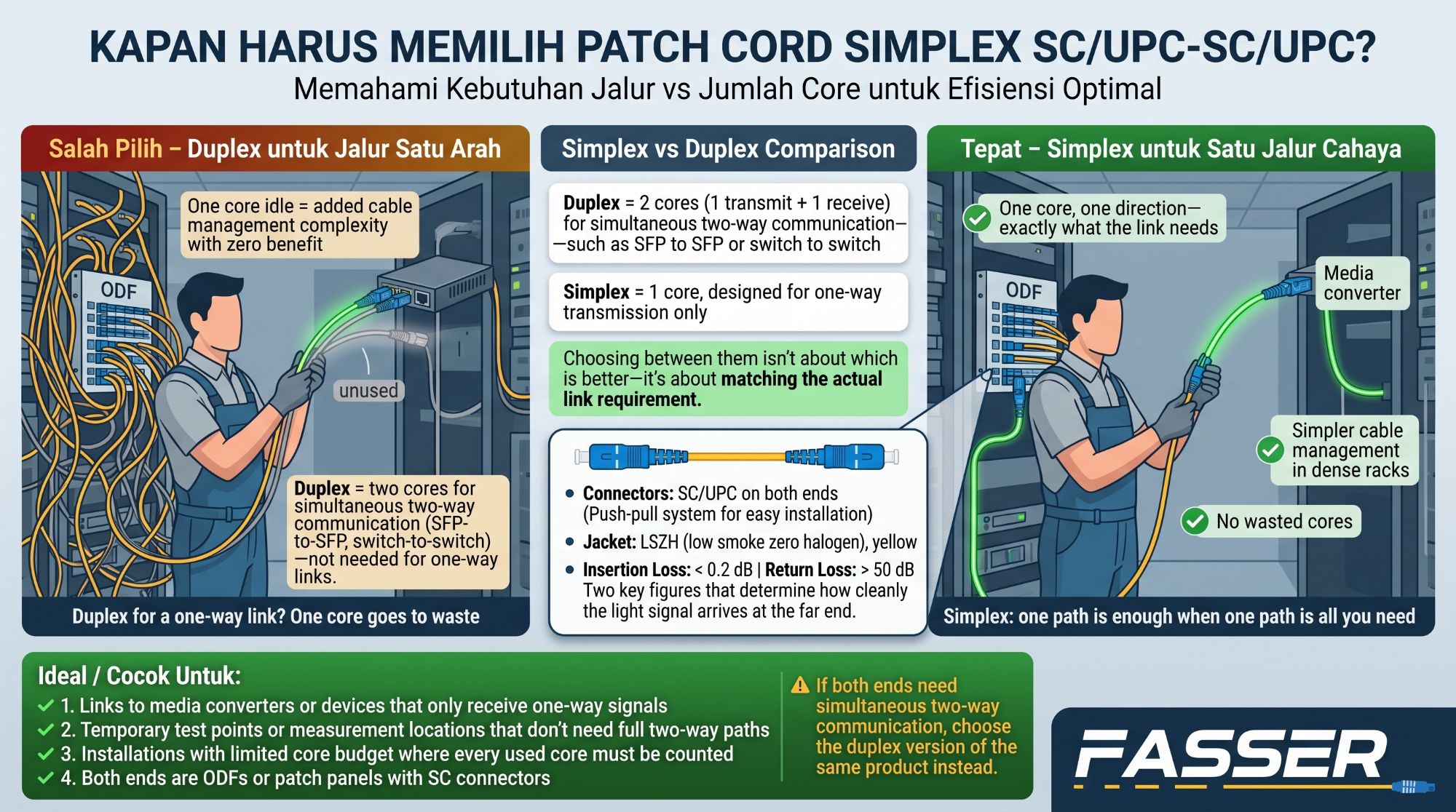 Infografis kapan memilih patch cord SC/UPC-SC/UPC simplex Fasser