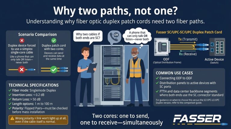Infografis Patch Cord SC/UPC-SC/UPC Duplex Fasser, perbandingan simplex vs duplex