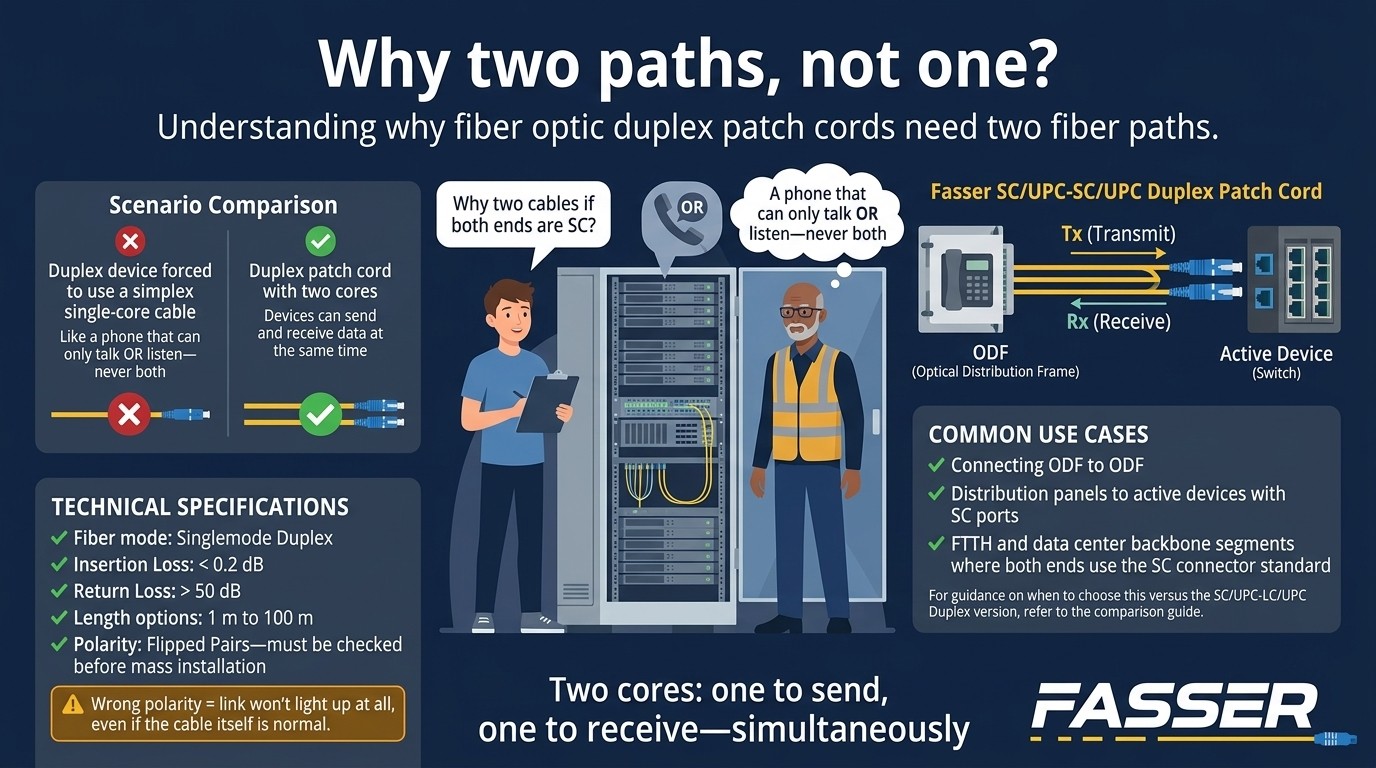 Infografis Patch Cord SC/UPC-SC/UPC Duplex Fasser, perbandingan simplex vs duplex
